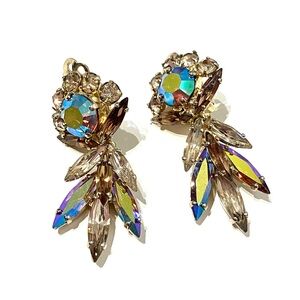 Signed Sherman Light Brown Crystal AB Clip On Drop Earrings